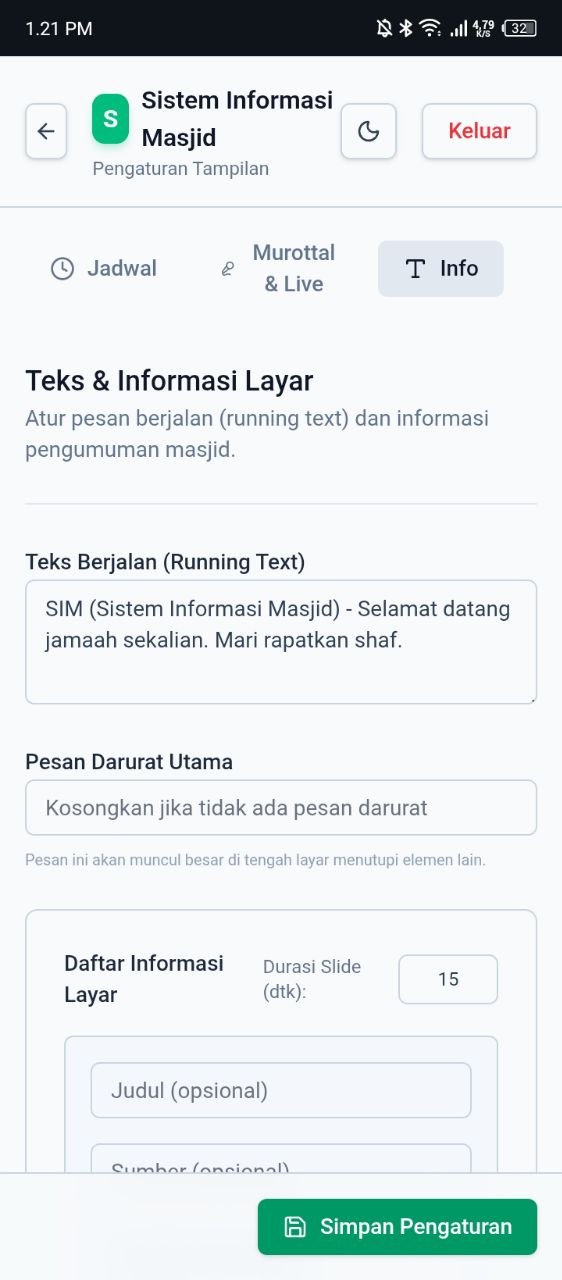 Panel admin di HP: pengaturan teks berjalan dan pesan darurat
