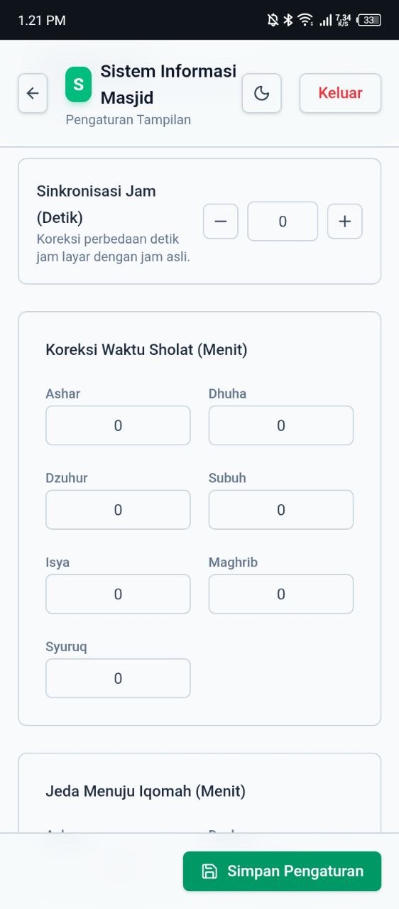 Panel admin di HP: koreksi waktu sholat dan sinkronisasi jam
