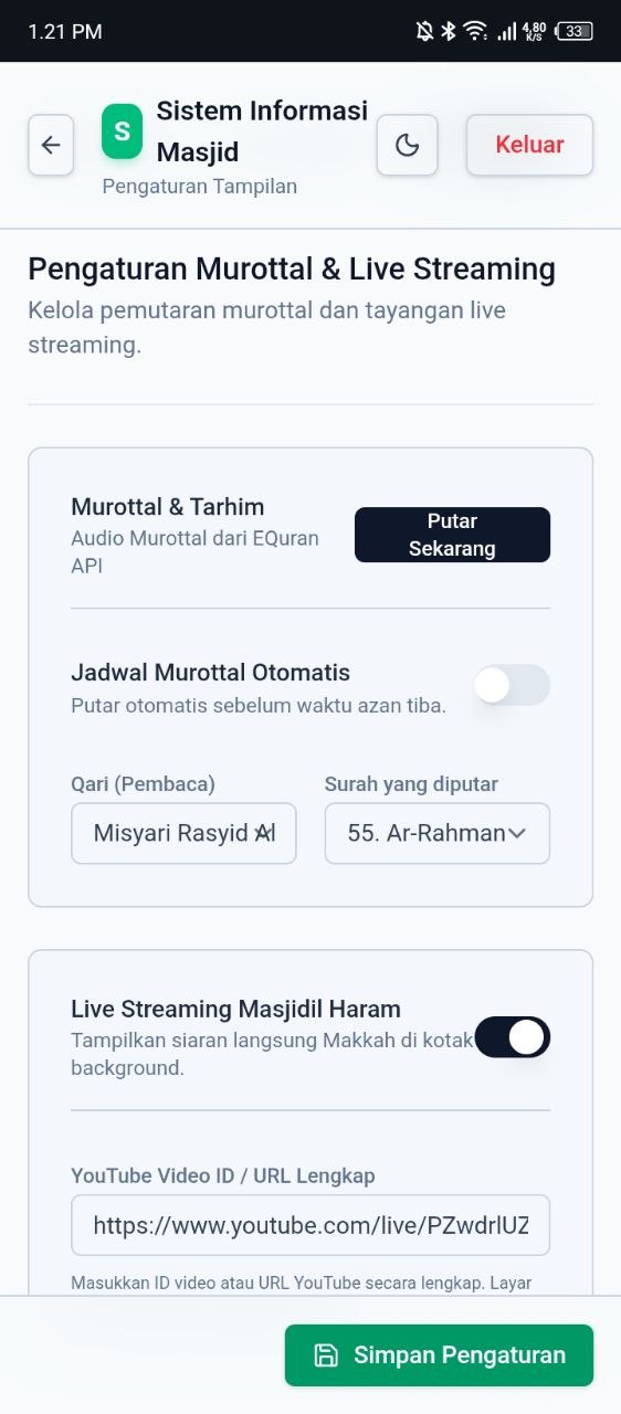 Panel admin di HP: pengaturan murottal otomatis dan live streaming