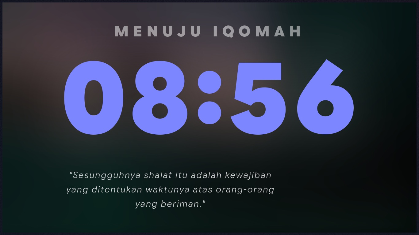 Layar hitung mundur menuju iqomah dengan angka besar 08:56